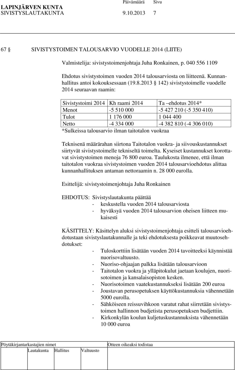 2013 142) sivistystoimelle vuodelle 2014 seuraavan raamin: Sivistystoimi 2014 Kh raami 2014 Ta ehdotus 2014* Menot -5 510 000-5 427 210 (-5 350 410) Tulot 1 176 000 1 044 400 Netto -4 334 000-4 382