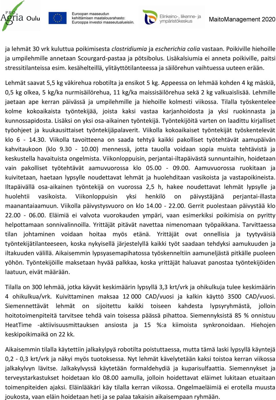 Appeessa on lehmää kohden 4 kg mäskiä, 0,5 kg olkea, 5 kg/ka nurmisäilörehua, 11 kg/ka maissisäilörehua sekä 2 kg valkuaislisää.