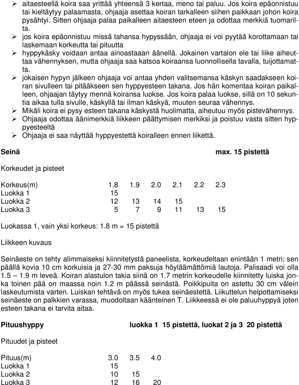 jos koira epäonnistuu missä tahansa hypyssään, ohjaaja ei voi pyytää korottamaan tai laskemaan korkeutta tai pituutta hyppykäsky voidaan antaa ainoastaaan äänellä.