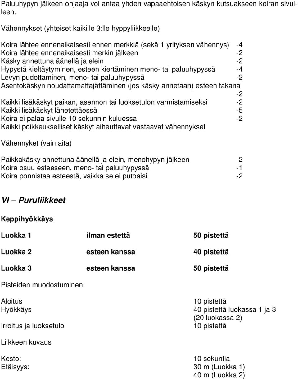 ja elein -2 Hypystä kieltäytyminen, esteen kiertäminen meno- tai paluuhypyssä -4 Levyn pudottaminen, meno- tai paluuhypyssä -2 Asentokäskyn noudattamattajättäminen (jos käsky annetaan) esteen takana