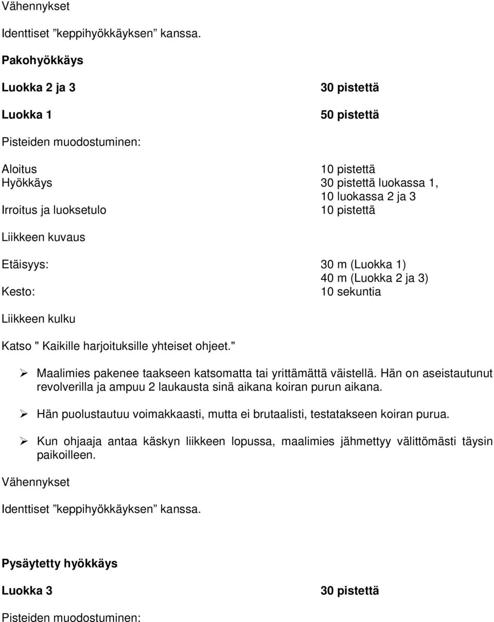 Liikkeen kuvaus Etäisyys: 30 m (Luokka 1) 40 m (Luokka 2 ja 3) Kesto: 10 sekuntia Katso " Kaikille harjoituksille yhteiset ohjeet." Maalimies pakenee taakseen katsomatta tai yrittämättä väistellä.