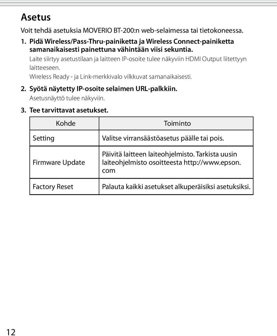 Laite siirtyy asetustilaan ja laitteen IP-osoite tulee näkyviin HDMI Output liitettyyn laitteeseen. Wireless Ready - ja Link-merkkivalo vilkkuvat samanaikaisesti. 2.