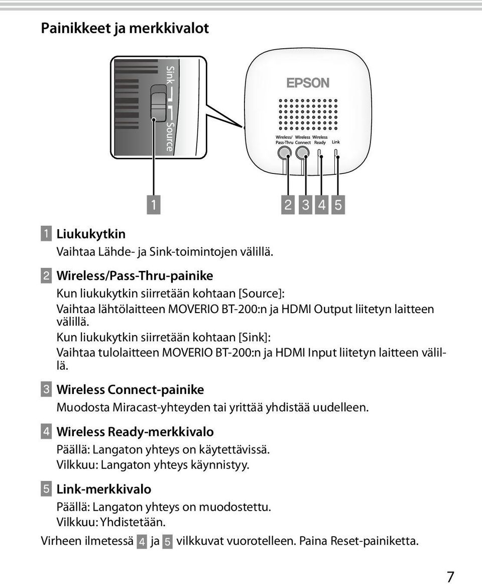 Kun liukukytkin siirretään kohtaan [Sink]: Vaihtaa tulolaitteen MOVERIO BT-200:n ja HDMI Input liitetyn laitteen välillä.