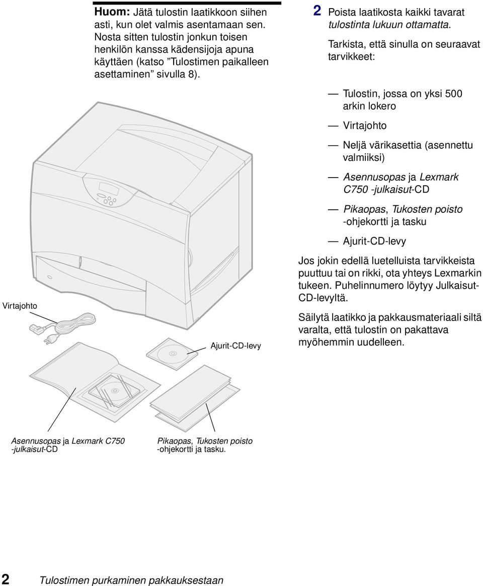 Tarkista, että sinulla on seuraavat tarvikkeet: Virtajohto Ajurit-CD-levy Tulostin, jossa on yksi 500 arkin lokero Virtajohto Neljä värikasettia (asennettu valmiiksi) Asennusopas ja Lexmark C750