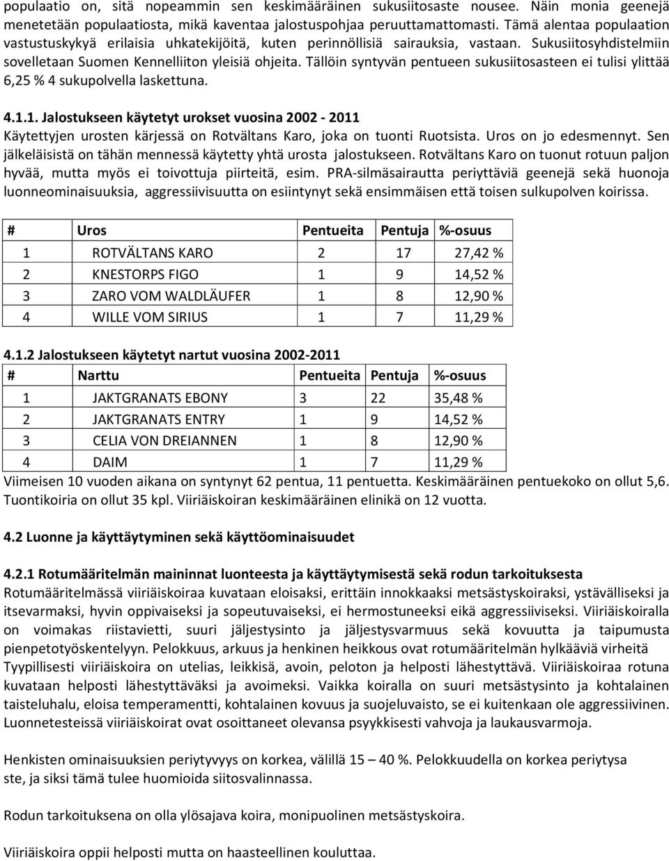 Tällöin syntyvän pentueen sukusiitosasteen ei tulisi ylittää 6,25 % 4 sukupolvella laskettuna. 4.1.