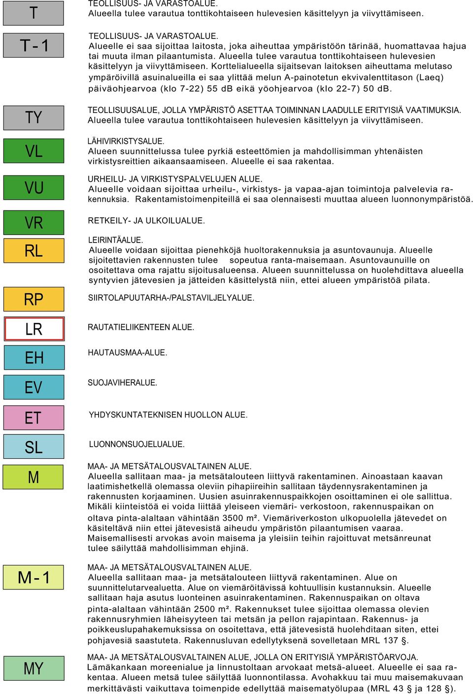 Korttelialueella sijaitsevan laitoksen aiheuttama melutaso ympäröivillä asuinalueilla ei saa ylittää melun A-painotetun ekvivalenttitason (Laeq) päiväohjearvoa (klo 7-22) 55 db eikä yöohjearvoa (klo