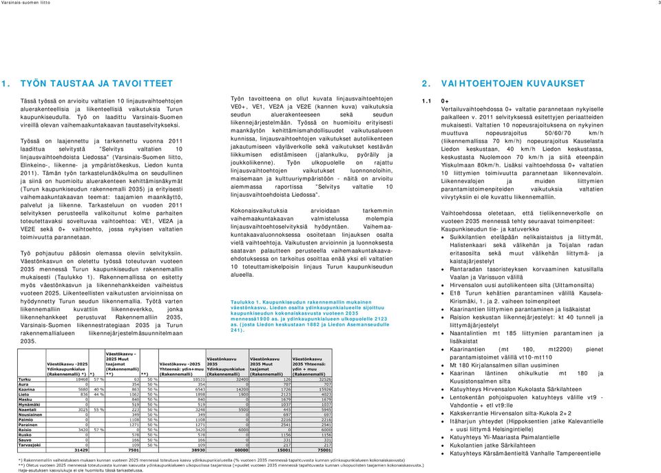 Työssä on laajennettu ja tarkennettu vuonna 2011 laadittua selvitystä Selvitys valtatien 10 linjausvaihtoehdoista Liedossa (Varsinais-Suomen liitto, Elinkeino-, liikenne- ja ympäristökeskus, Liedon