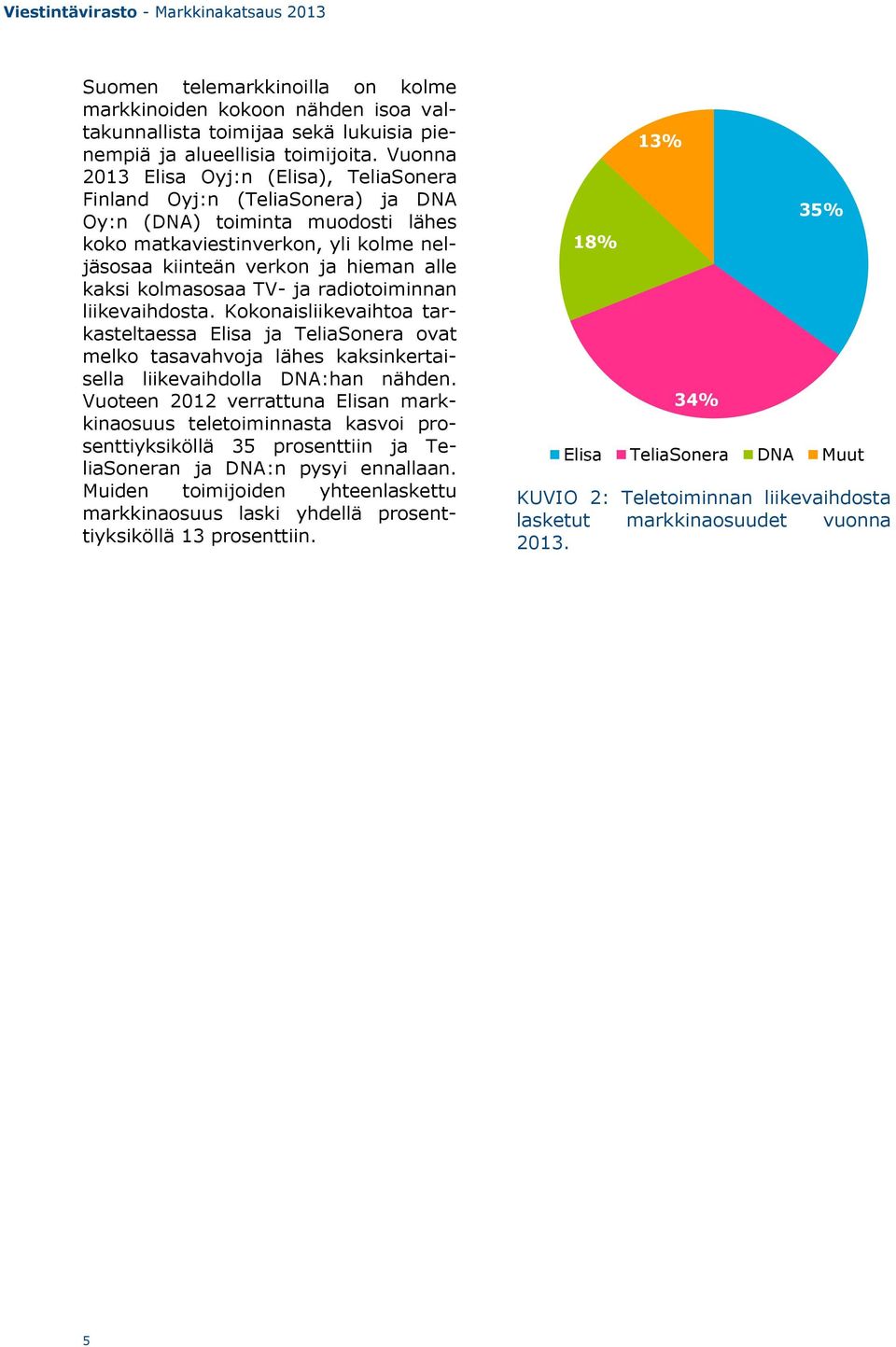 kolmasosaa TV- ja radiotoiminnan liikevaihdosta. Kokonaisliikevaihtoa tarkasteltaessa Elisa ja TeliaSonera ovat melko tasavahvoja lähes kaksinkertaisella liikevaihdolla DNA:han nähden.