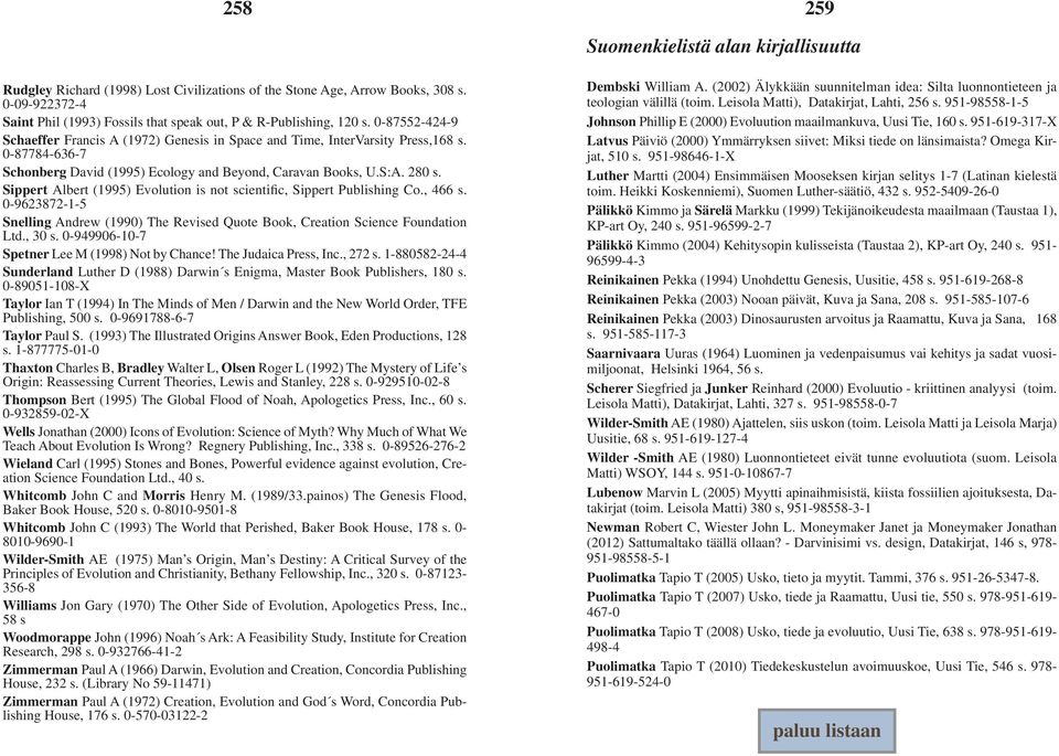 0-87784-636-7 Schonberg David (1995) Ecology and Beyond, Caravan Books, U.S:A. 280 s. Sippert Albert (1995) Evolution is not scientific, Sippert Publishing Co., 466 s.