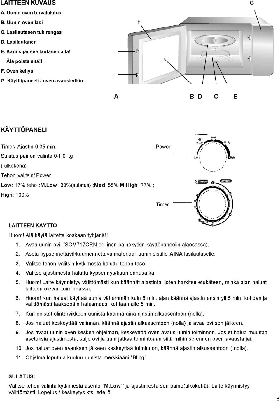 High 77% ; High: 100% Timer LAITTEEN KÄYTTÖ Huom! Älä käytä laitetta koskaan tyhjänä!! 1. Avaa uunin ovi. (SCM717CRN erillinen painokytkin käyttöpaneelin alaosassa). 2.