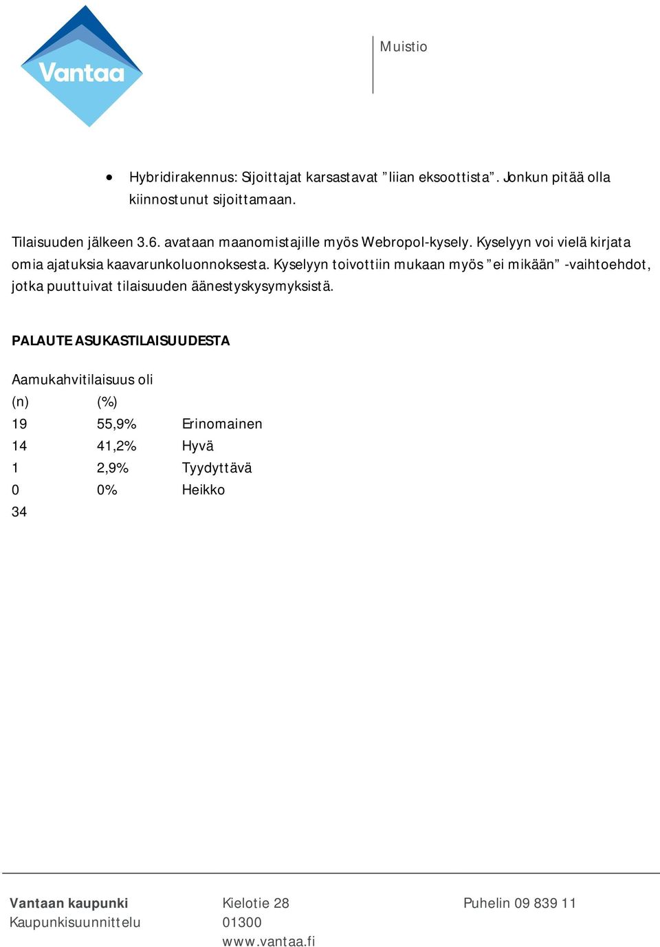 Kyselyyn voi vielä kirjata omia ajatuksia kaavarunkoluonnoksesta.