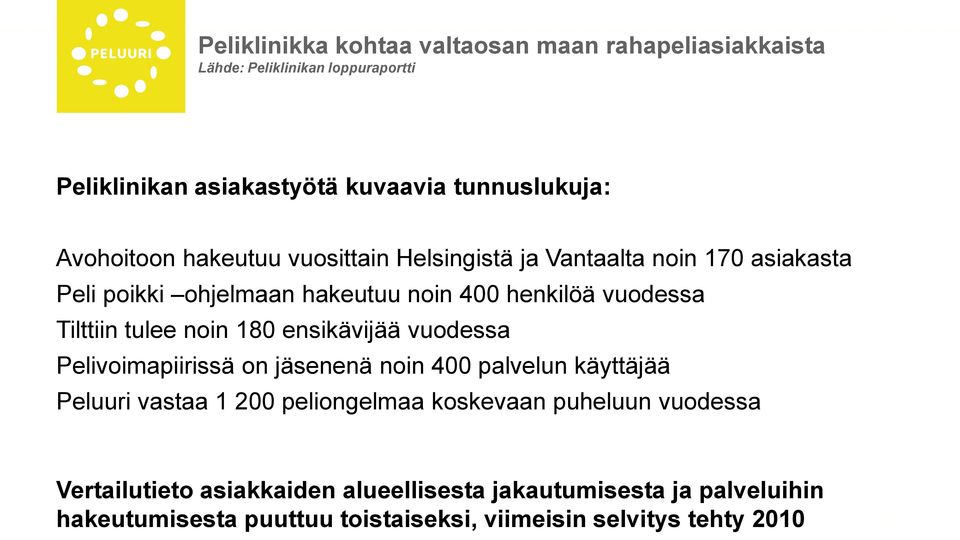 tulee noin 180 ensikävijää vuodessa Pelivoimapiirissä on jäsenenä noin 400 palvelun käyttäjää Peluuri vastaa 1 200 peliongelmaa koskevaan