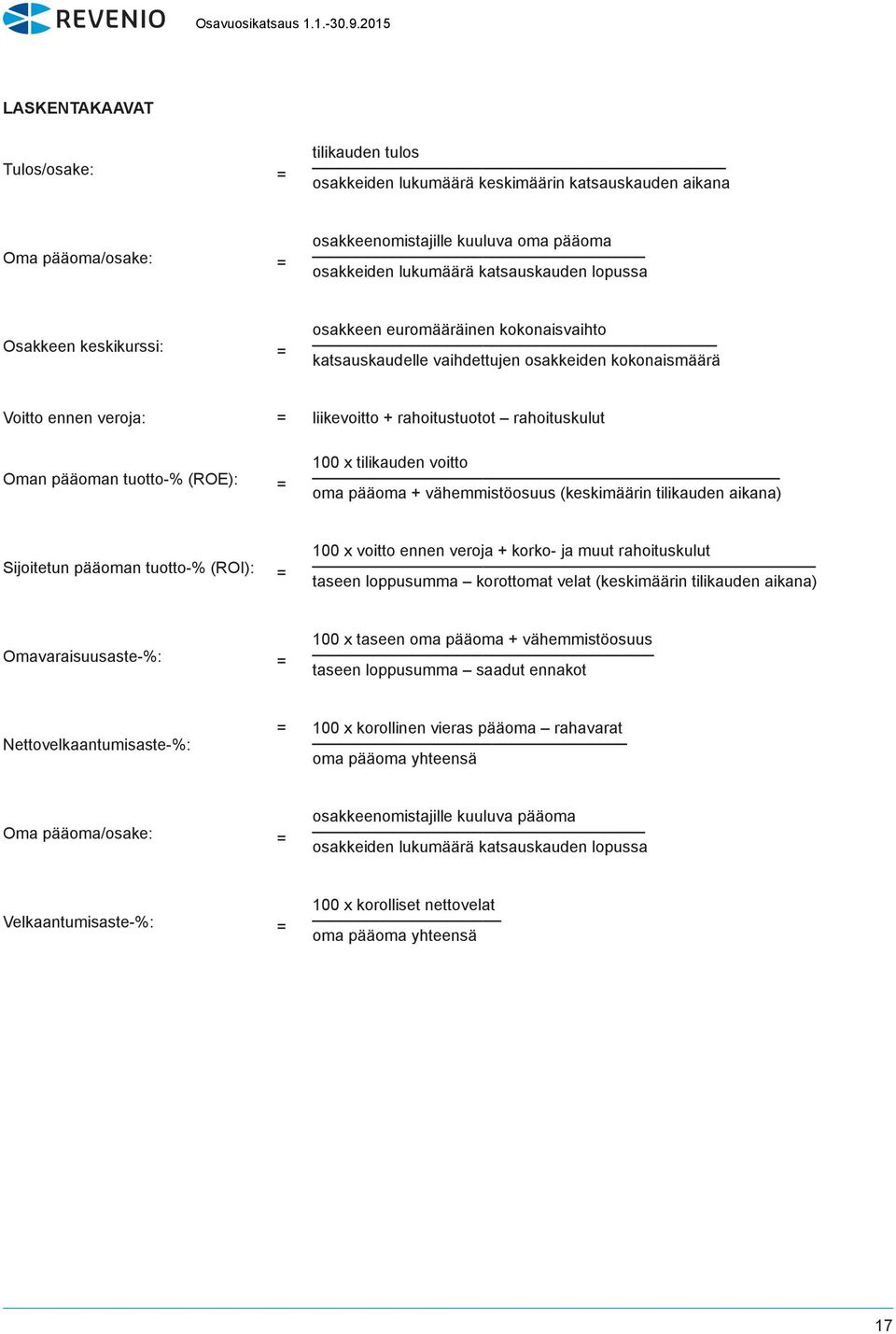 pääoman tuotto-% (ROE): = 100 x tilikauden voitto oma pääoma + vähemmistöosuus (keskimäärin tilikauden aikana) Sijoitetun pääoman tuotto-% (ROI): = 100 x voitto ennen veroja + korko- ja muut