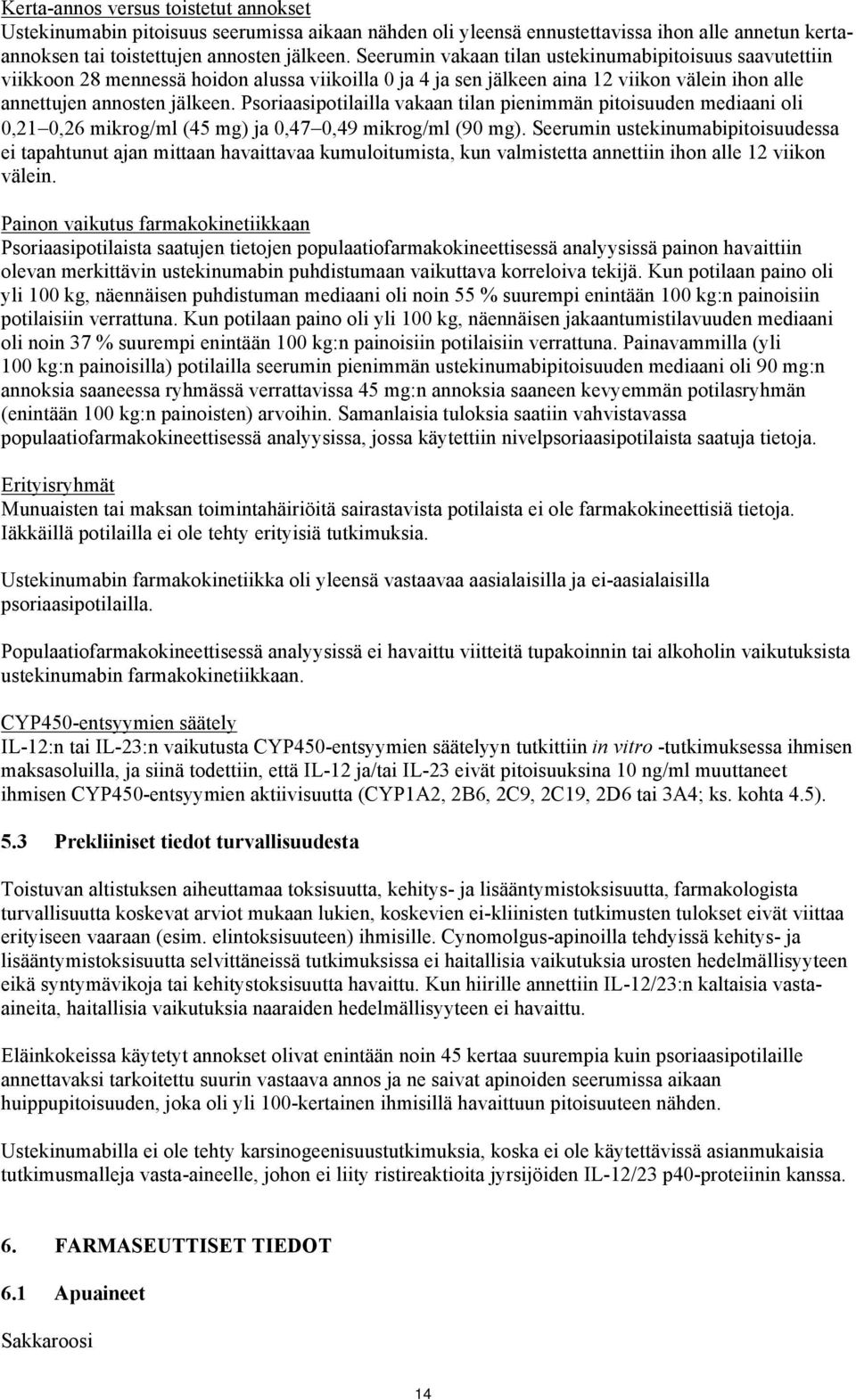 Psoriaasipotilailla vakaan tilan pienimmän pitoisuuden mediaani oli 0,21 0,26 mikrog/ml (45 mg) ja 0,47 0,49 mikrog/ml (90 mg).