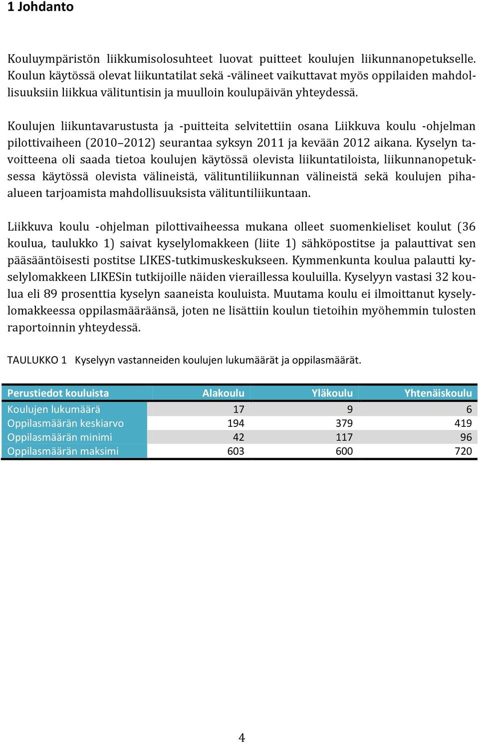 Koulujen liikuntavarustusta ja -puitteita selvitettiin osana Liikkuva koulu -ohjelman pilottivaiheen (2010 2012) seurantaa syksyn 2011 ja kevään 2012 aikana.