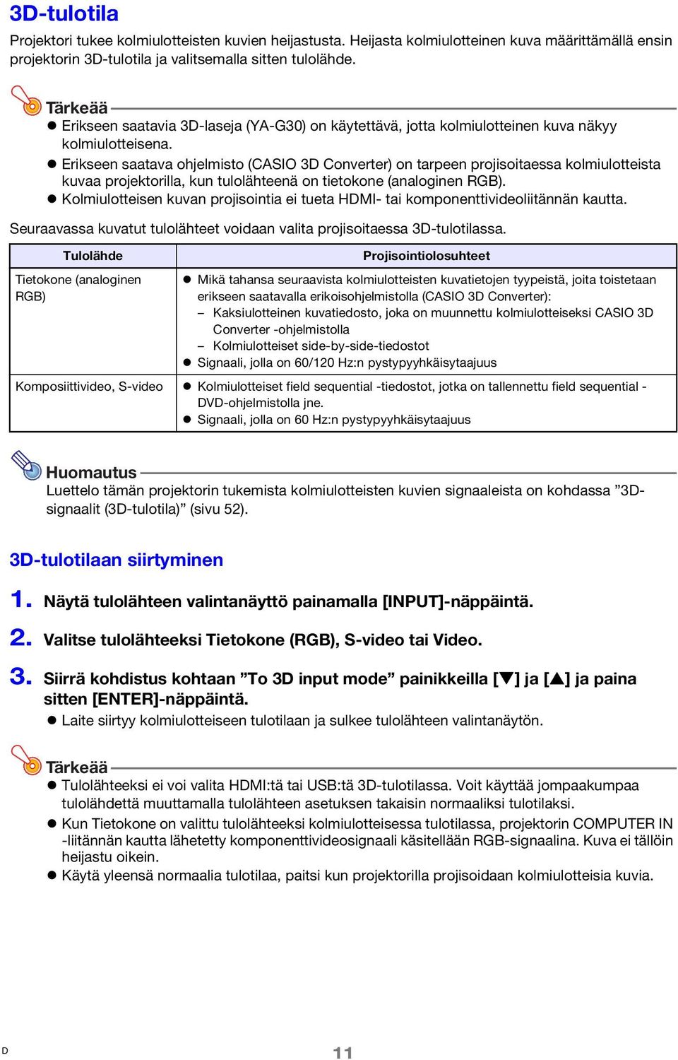 Erikseen saatava ohjelmisto (CASIO 3 Converter) on tarpeen projisoitaessa kolmiulotteista kuvaa projektorilla, kun tulolähteenä on tietokone (analoginen RGB).