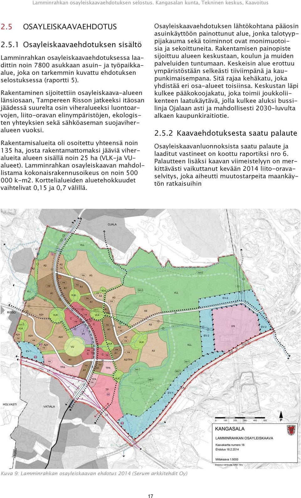 sekä sähköaseman suojaviheralueen vuoksi. Rakentamisalueita oli osoitettu yhteensä noin ha, josta rakentamattomaksi jääviä viheralueita alueen sisällä noin 25 ha (VLK-ja VUalueet).