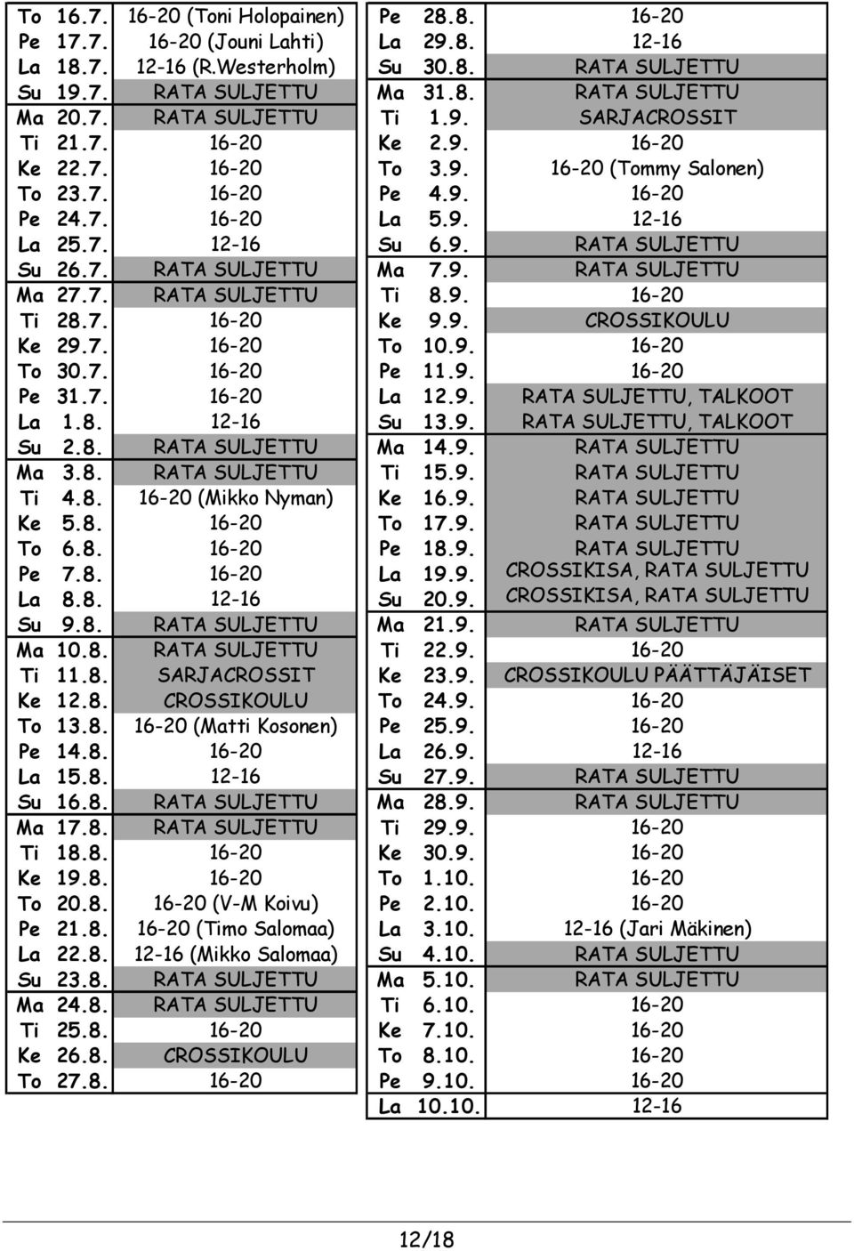 9. RATA SULJETTU Ma 27.7. RATA SULJETTU Ti 8.9. 16-20 Ti 28.7. 16-20 Ke 9.9. CROSSIKOULU Ke 29.7. 16-20 To 10.9. 16-20 To 30.7. 16-20 Pe 11.9. 16-20 Pe 31.7. 16-20 La 12.9. RATA SULJETTU, TALKOOT La 1.