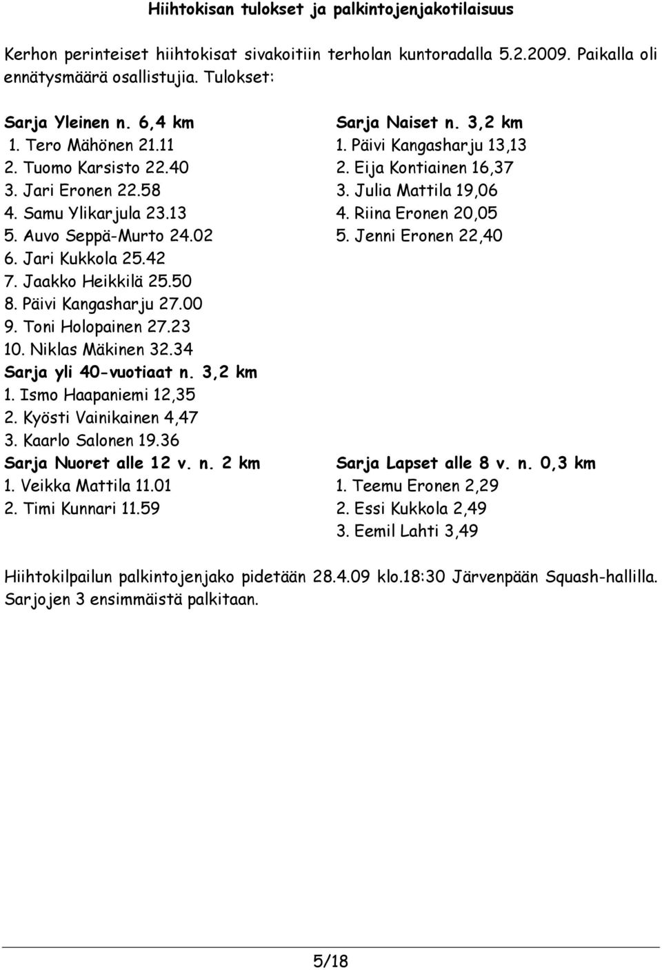 Toni Holopainen 27.23 10. Niklas Mäkinen 32.34 Sarja yli 40-vuotiaat n. 3,2 km 1. Ismo Haapaniemi 12,35 2. Kyösti Vainikainen 4,47 3. Kaarlo Salonen 19.36 Sarja Nuoret alle 12 v. n. 2 km 1.