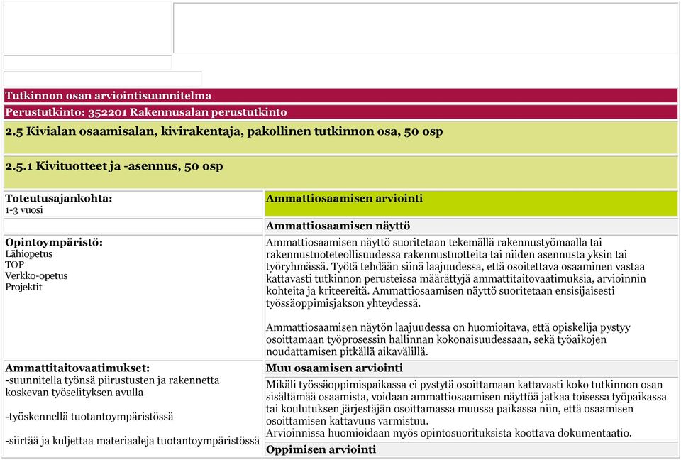 Kivialan osaamisalan, kivirakentaja, pakollinen tutkinnon osa, 50