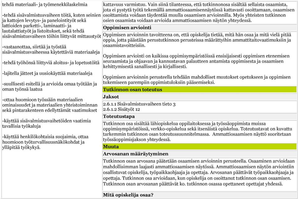 lopetustöitä -lajitella jätteet ja uusiokäyttää materiaaleja -suullisesti esitellä ja arvioida omaa työtään ja oman työnsä laatua -ottaa huomioon työssään materiaalien ominaisuudet ja materiaalien