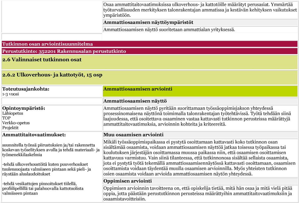 6 Valinnaiset tutkinnon osat 2.6.2 Ulkoverhous- ja kattotyöt, 15 osp Toteutusajankohta: 1-3 vuosi Opintoympäristö: Lähiopetus TOP Verkko-opetus Projektit Ammattitaitovaatimukset: suunnitella työnsä