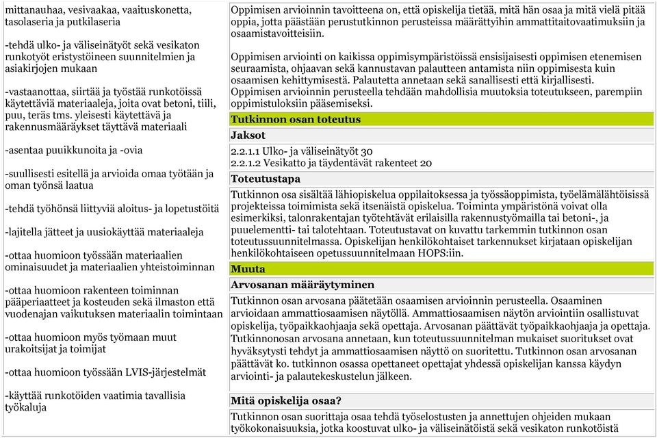 yleisesti käytettävä ja rakennusmääräykset täyttävä materiaali -asentaa puuikkunoita ja -ovia -suullisesti esitellä ja arvioida omaa työtään ja oman työnsä laatua -tehdä työhönsä liittyviä aloitus-