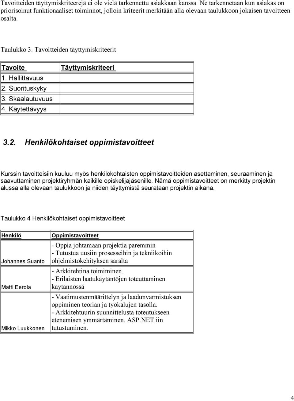 Tavoitteiden täyttymiskriteerit Tavoite 1. Hallittavuus 2.