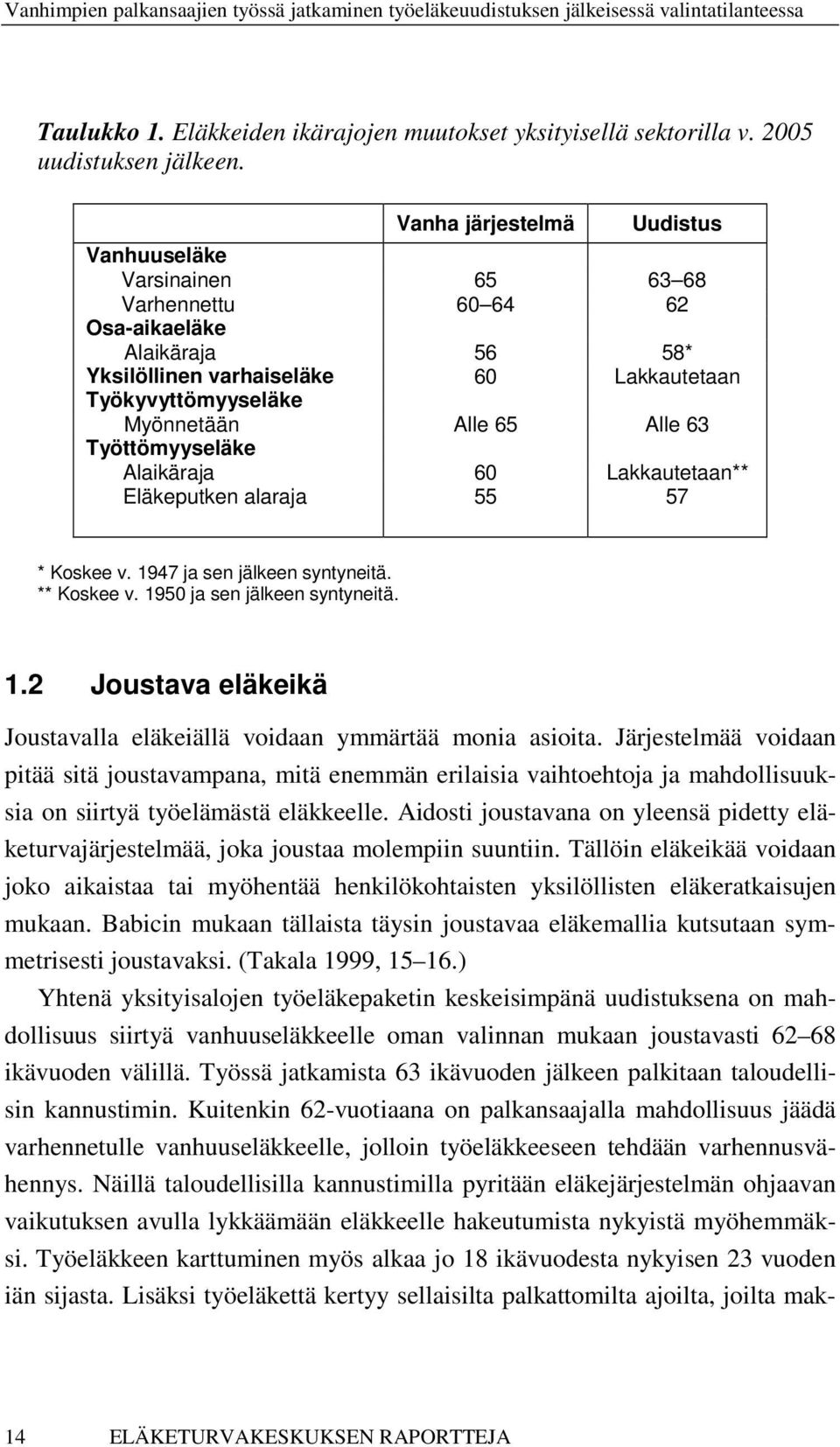 63 Työttömyyseläke Alaikäraja 60 Lakkautetaan** Eläkeputken alaraja 55 57 * Koskee v. 1947 ja sen jälkeen syntyneitä. ** Koskee v. 1950 ja sen jälkeen syntyneitä. 1.2 Joustava eläkeikä Joustavalla eläkeiällä voidaan ymmärtää monia asioita.