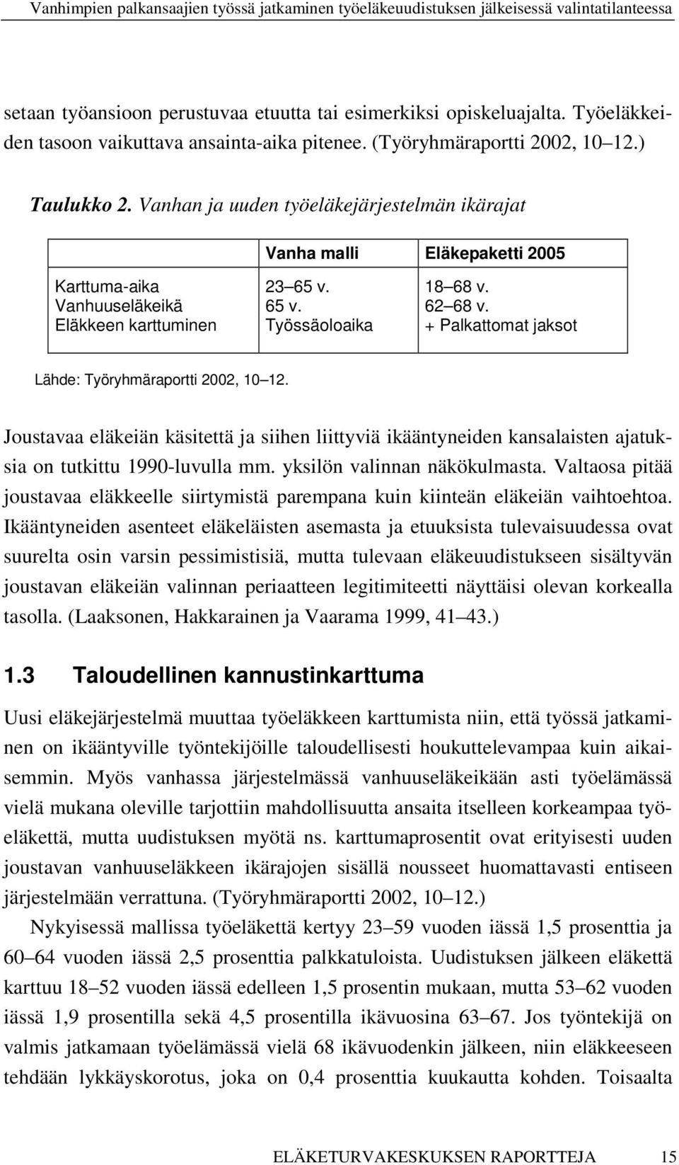 Eläkkeen karttuminen Työssäoloaika + Palkattomat jaksot Lähde: Työryhmäraportti 2002, 10 12.