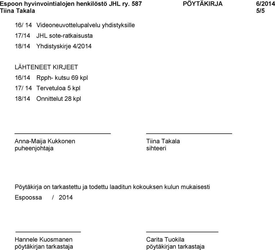 Anna-Maija Kukkonen puheenjohtaja Tiina Takala sihteeri Pöytäkirja on tarkastettu ja todettu laaditun