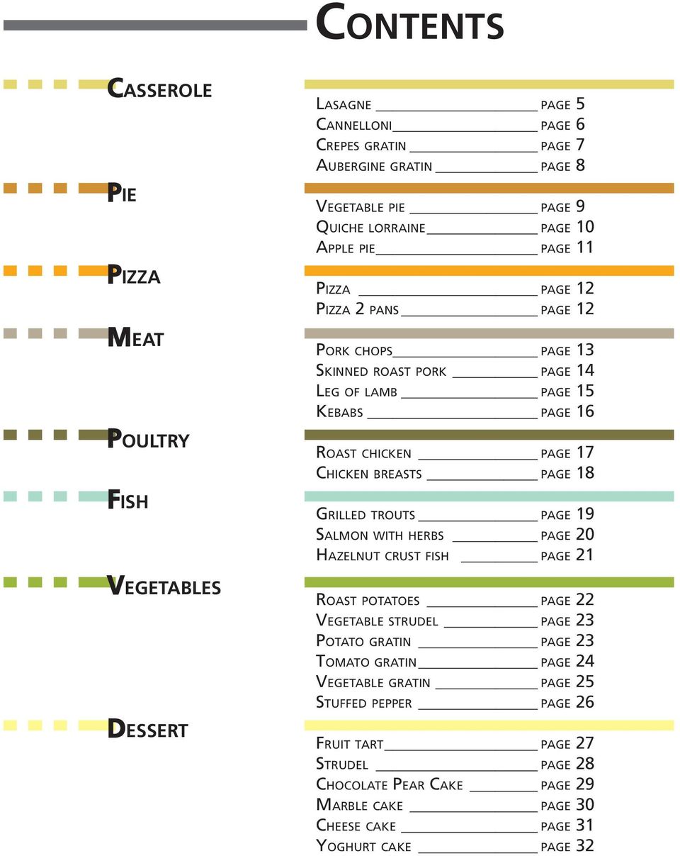 CHICKEN BREASTS PAGE 18 GRILLED TROUTS PAGE 19 SALMON WITH HERBS PAGE 20 HAZELNUT CRUST FISH PAGE 21 ROAST POTATOES PAGE 22 VEGETABLE STRUDEL PAGE 23 POTATO GRATIN PAGE 23