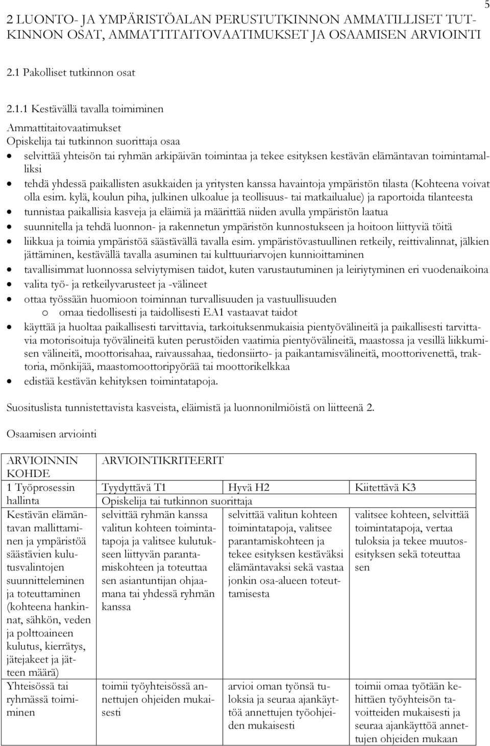 1 Kestävällä tavalla toimiminen Ammattitaitovaatimukset osaa selvittää yhteisön tai ryhmän arkipäivän toimintaa ja tekee esityksen kestävän elämäntavan toimintamalliksi tehdä yhdessä paikallisten