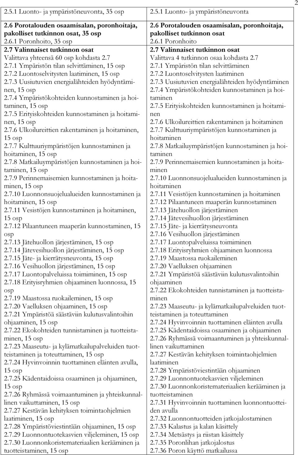 7.4 Ympäristökohteiden kunnostaminen ja hoitaminen, 15 osp 2.7.5 Erityiskohteiden kunnostaminen ja hoitaminen, 15 osp 2.7.6 Ulkoilureittien rakentaminen ja hoitaminen, 15 osp 2.7.7 Kulttuuriympäristöjen kunnostaminen ja hoitaminen, 15 osp 2.