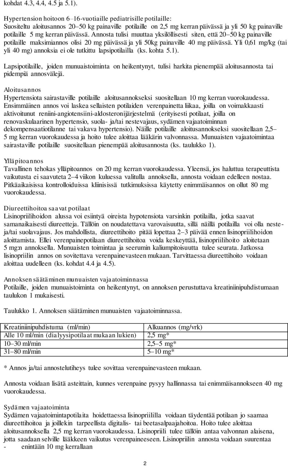 Annosta tulisi muuttaa yksilöllisesti siten, että 20 50 kg painaville potilaille maksimiannos olisi 20 mg päivässä ja yli 50kg painaville 40 mg päivässä.