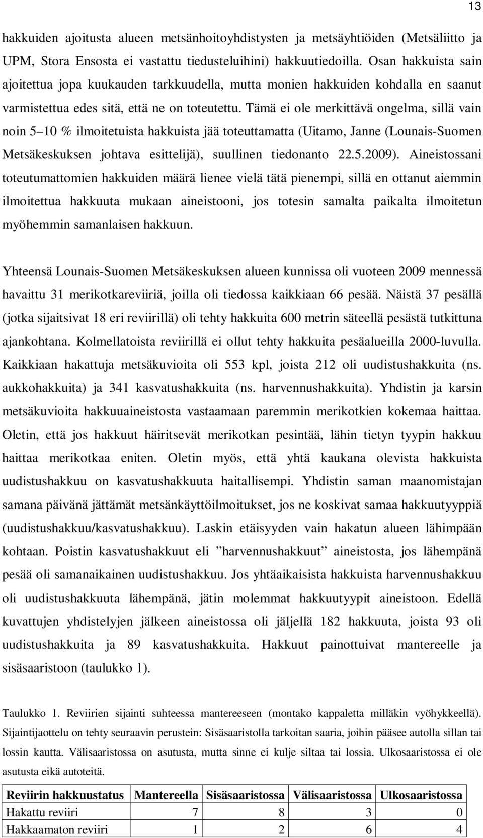 Tämä ei ole merkittävä ongelma, sillä vain noin 5 10 % ilmoitetuista hakkuista jää toteuttamatta (Uitamo, Janne (Lounais-Suomen Metsäkeskuksen johtava esittelijä), suullinen tiedonanto 22.5.2009).