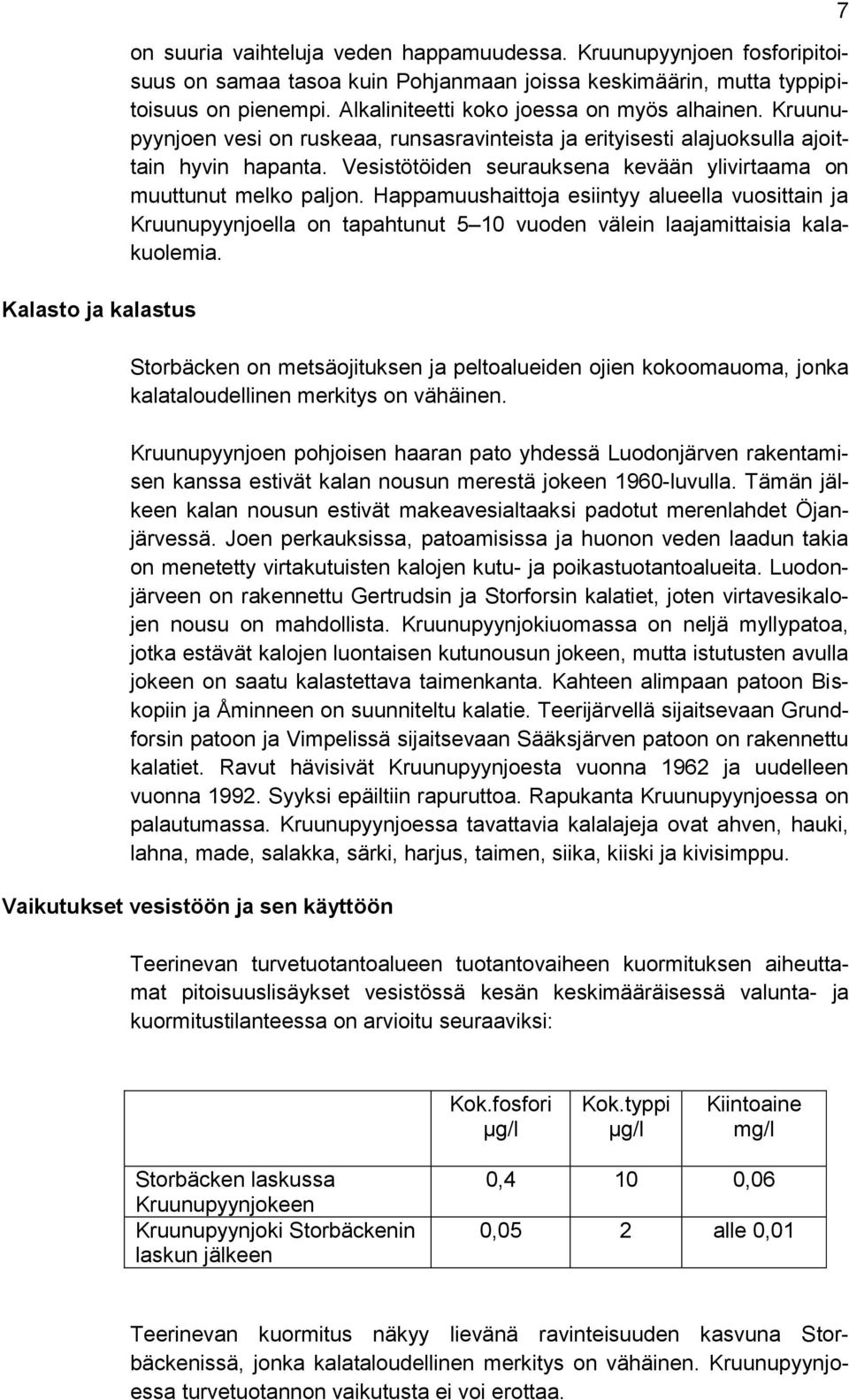 Vesistötöiden seurauksena kevään ylivirtaama on muuttunut melko paljon. Happamuushaittoja esiintyy alueella vuosittain ja Kruunupyynjoella on tapahtunut 5 10 vuoden välein laajamittaisia kalakuolemia.