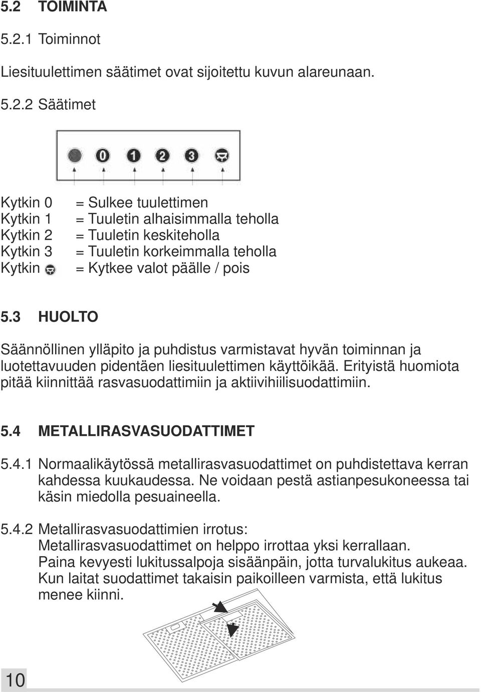 Erityistä huomiota pitää kiinnittää rasvasuodattimiin ja aktiivihiilisuodattimiin. 5.4 METALLIRASVASUODATTIMET 5.4.1 Normaalikäytössä metallirasvasuodattimet on puhdistettava kerran kahdessa kuukaudessa.