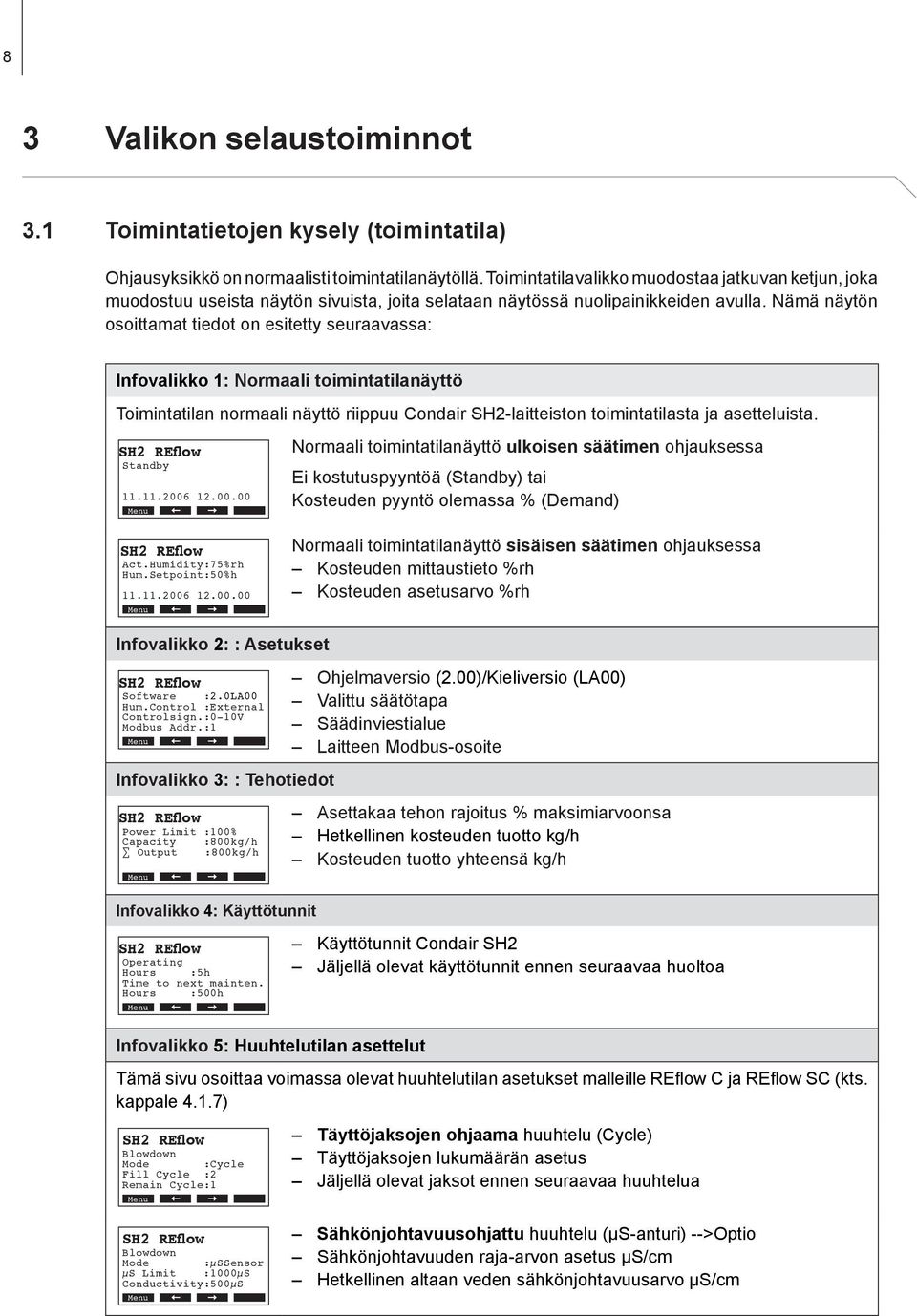 Nämä näytön osoittamat tiedot on esitetty seuraavassa: Infovalikko 1: Normaali toimintatilanäyttö Toimintatilan normaali näyttö riippuu Condair SH2-laitteiston toimintatilasta ja asetteluista.