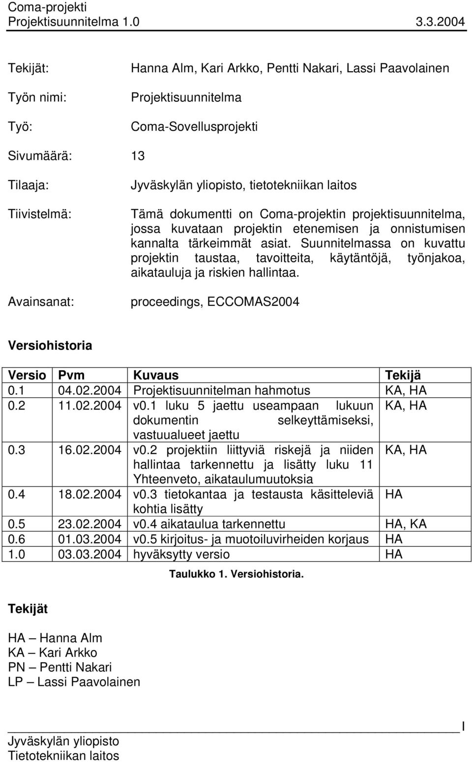 Suunnitelmassa on kuvattu projektin taustaa, tavoitteita, käytäntöjä, työnjakoa, aikatauluja ja riskien hallintaa. proceedings, ECCOMAS2004 Versiohistoria Versio Pvm Kuvaus Tekijä 0.1 04.02.