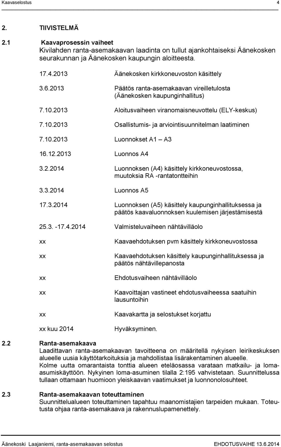 10.2013 Luonnokset A1 A3 16.12.2013 Luonnos A4 3.2.2014 Luonnoksen (A4) käsittely kirkkoneuvostossa, muutoksia RA -rantatontteihin 3.3.2014 Luonnos A5 17.3.2014 Luonnoksen (A5) käsittely kaupunginhallituksessa ja päätös kaavaluonnoksen kuulemisen järjestämisestä 25.