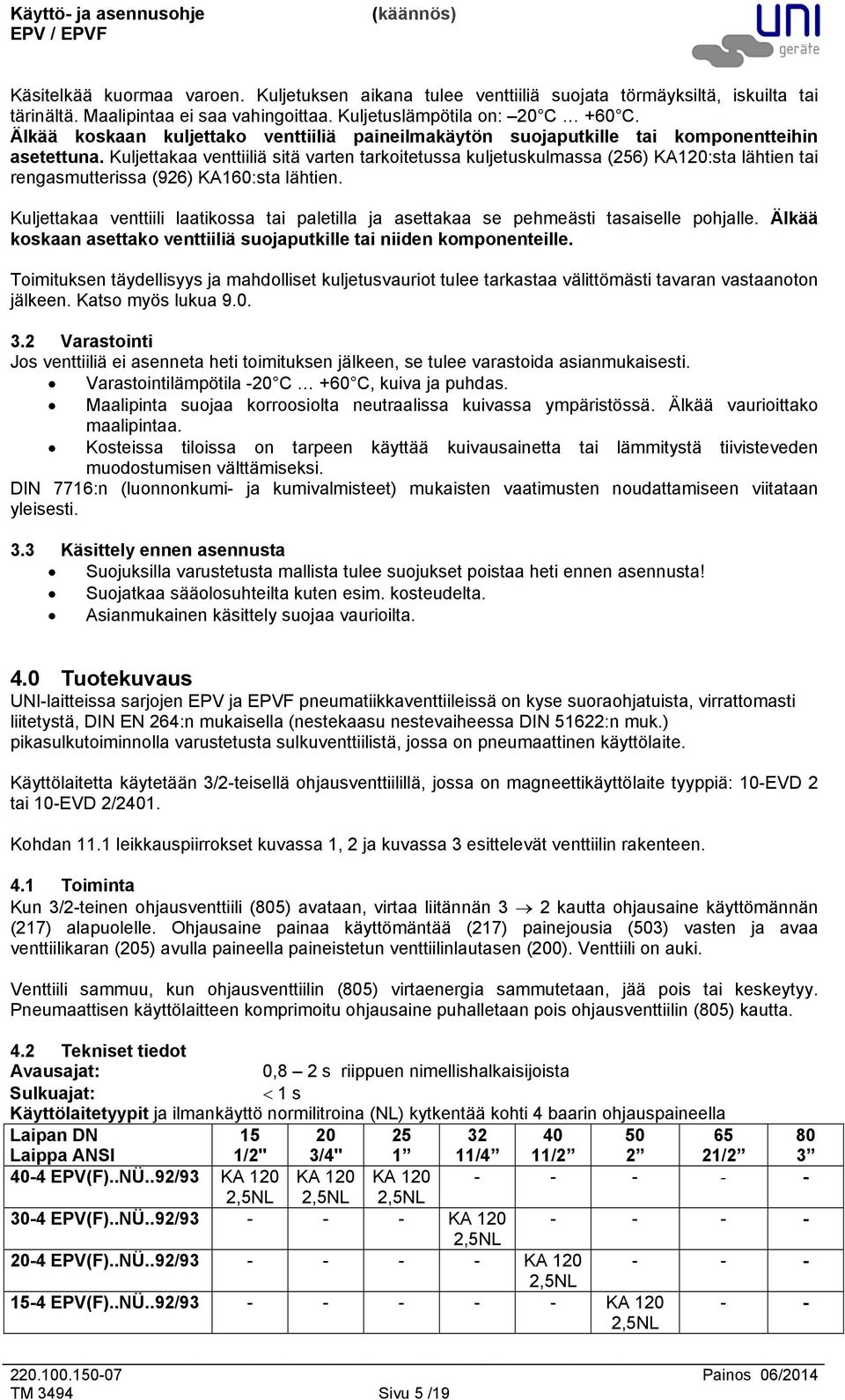 Kuljettakaa venttiiliä sitä varten tarkoitetussa kuljetuskulmassa (256) KA120:sta lähtien tai rengasmutterissa (926) KA160:sta lähtien.