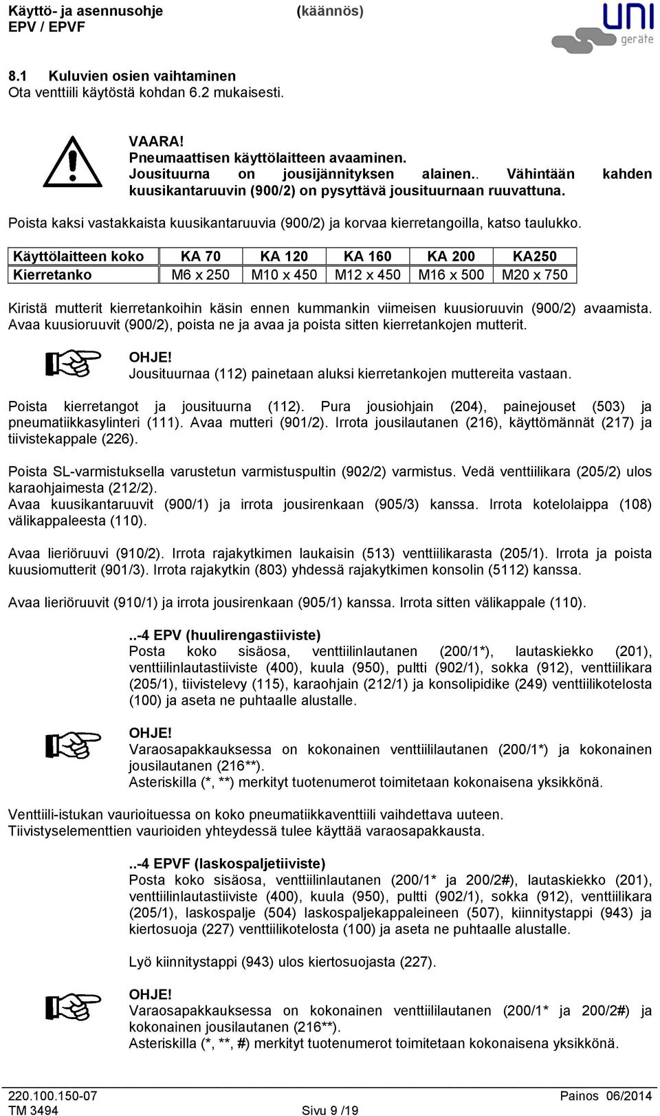 Käyttölaitteen koko KA 70 KA 120 KA 160 KA 200 KA250 Kierretanko M6 x 250 M10 x 450 M12 x 450 M16 x 500 M20 x 750 Kiristä mutterit kierretankoihin käsin ennen kummankin viimeisen kuusioruuvin (900/2)