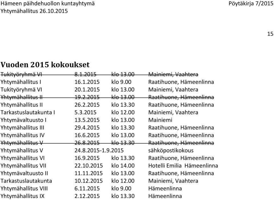 4.2015 klo 13.30 Raatihuone, Hämeenlinna Yhtymähallitus IV 16.6.2015 klo 13.00 Raatihuone, Hämeenlinna Yhtymähallitus V 26.8.2015 klo 13.30 Raatihuone, Hämeenlinna Yhtymähallitus V 24.8.2015-1.9.