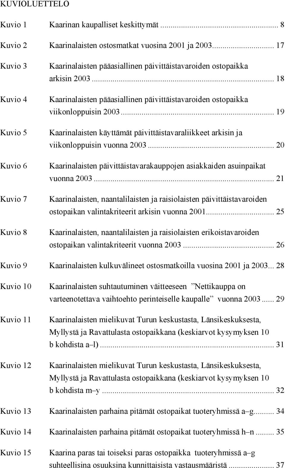 .. 18 Kaarinalaisten pääasiallinen päivittäistavaroiden ostopaikka viikonloppuisin... 19 Kaarinalaisten käyttämät päivittäistavaraliikkeet arkisin ja viikonloppuisin vuonna.