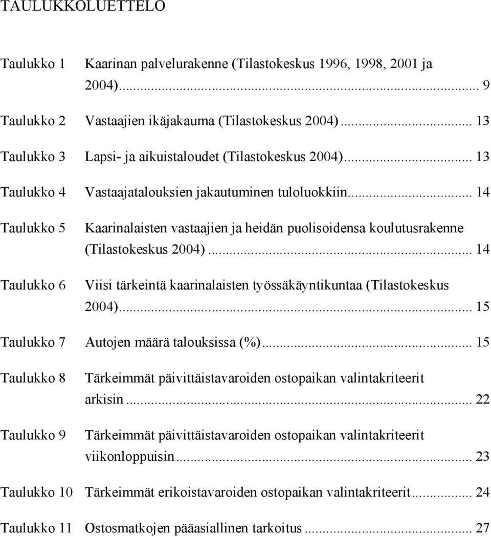 .. 14 Taulukko 5 Taulukko 6 Kaarinalaisten vastaajien ja heidän puolisoidensa koulutusrakenne (Tilastokeskus 2004)... 14 Viisi tärkeintä kaarinalaisten työssäkäyntikuntaa (Tilastokeskus 2004).