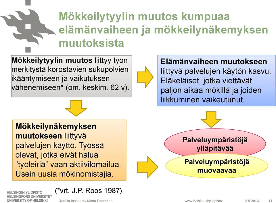 Eläkeläiset, jotka viettävät paljon aikaa mökillä ja joiden liikkuminen vaikeutunut. Mökkeilynäkemyksen muutokseen liittyvä palvelujen käyttö.