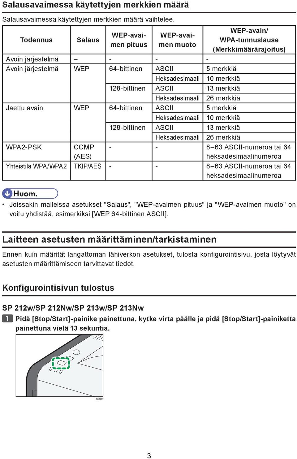 26 merkkiä Jaettu avain WEP 64-bittinen ASCII 5 merkkiä Heksadesimaali 10 merkkiä 128-bittinen ASCII 13 merkkiä Heksadesimaali 26 merkkiä WPA2-PSK CCMP (AES) WEP-avain/ WPA-tunnuslause