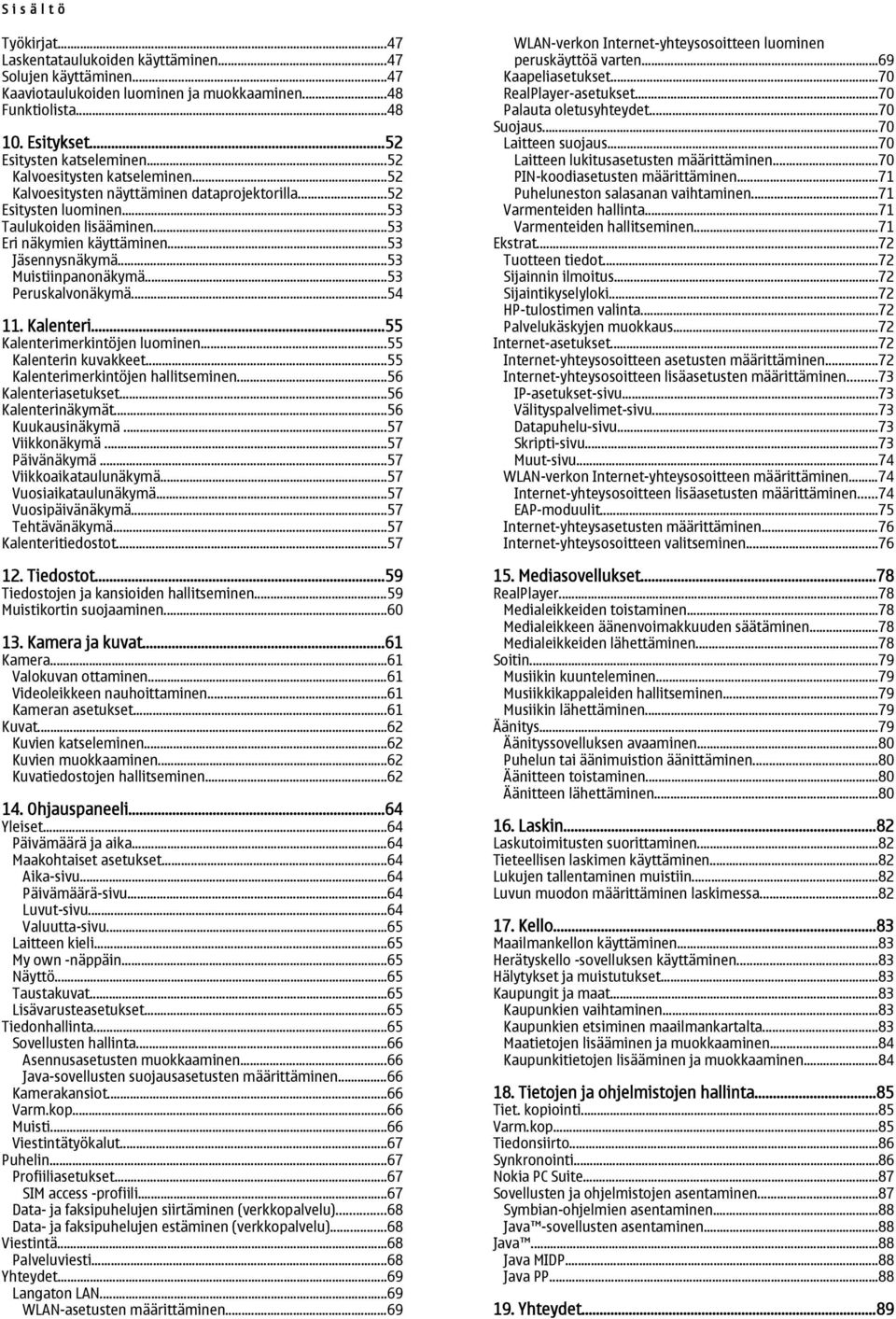 ..53 Muistiinpanonäkymä...53 Peruskalvonäkymä...54 11. Kalenteri...55 Kalenterimerkintöjen luominen...55 Kalenterin kuvakkeet...55 Kalenterimerkintöjen hallitseminen...56 Kalenteriasetukset.