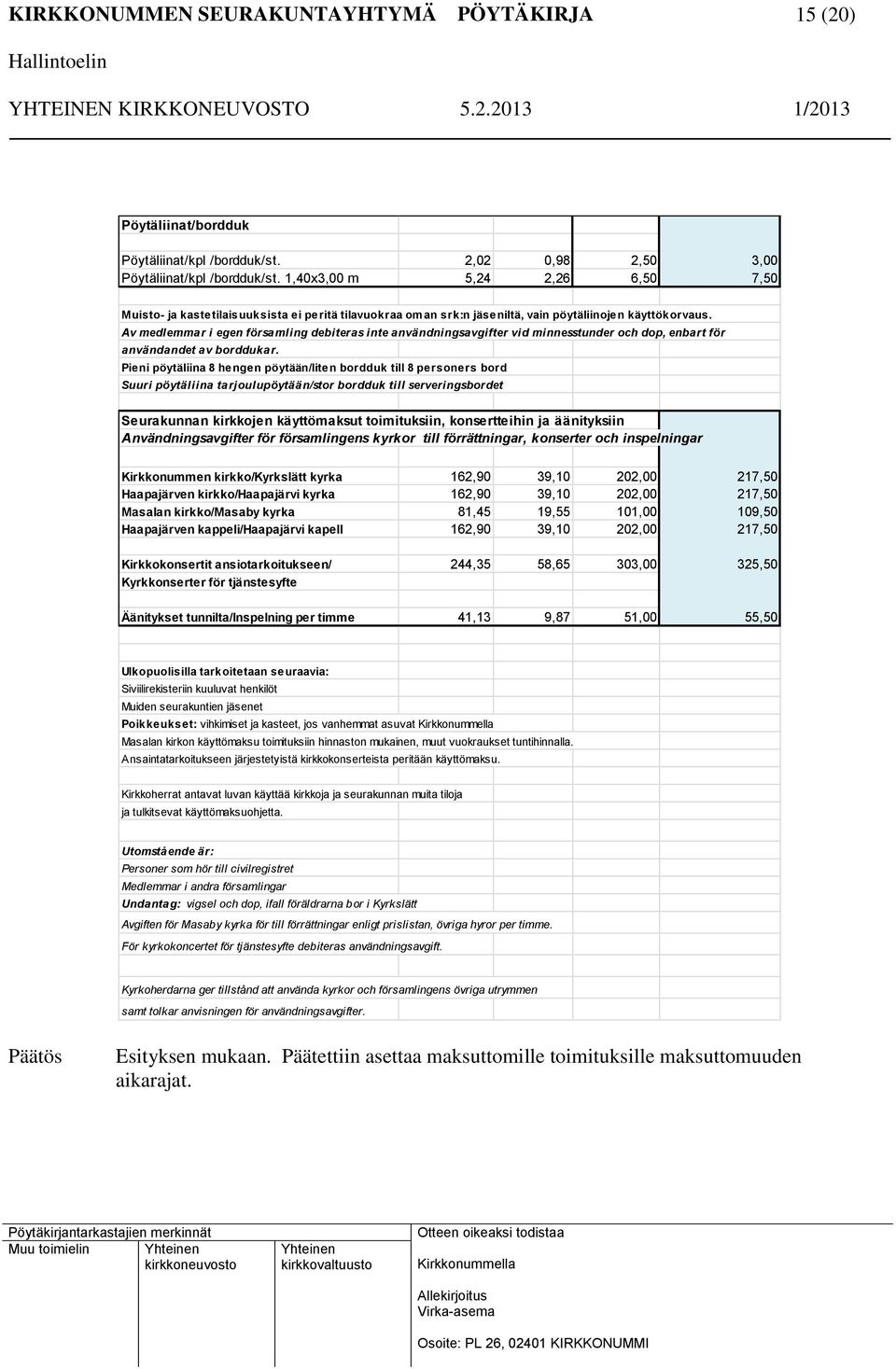 Av medlemmar i egen församling debiteras inte användningsavgifter vid minnesstunder och dop, enbart för användandet av borddukar.